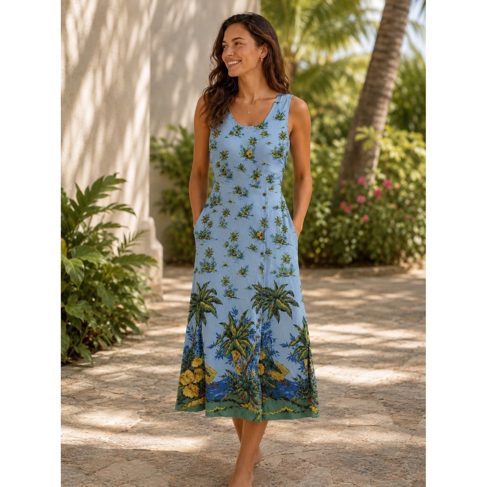 Vintage Reyn Spooner Hawaiian Tropical Beach Floral Dress In Blue Sz Large